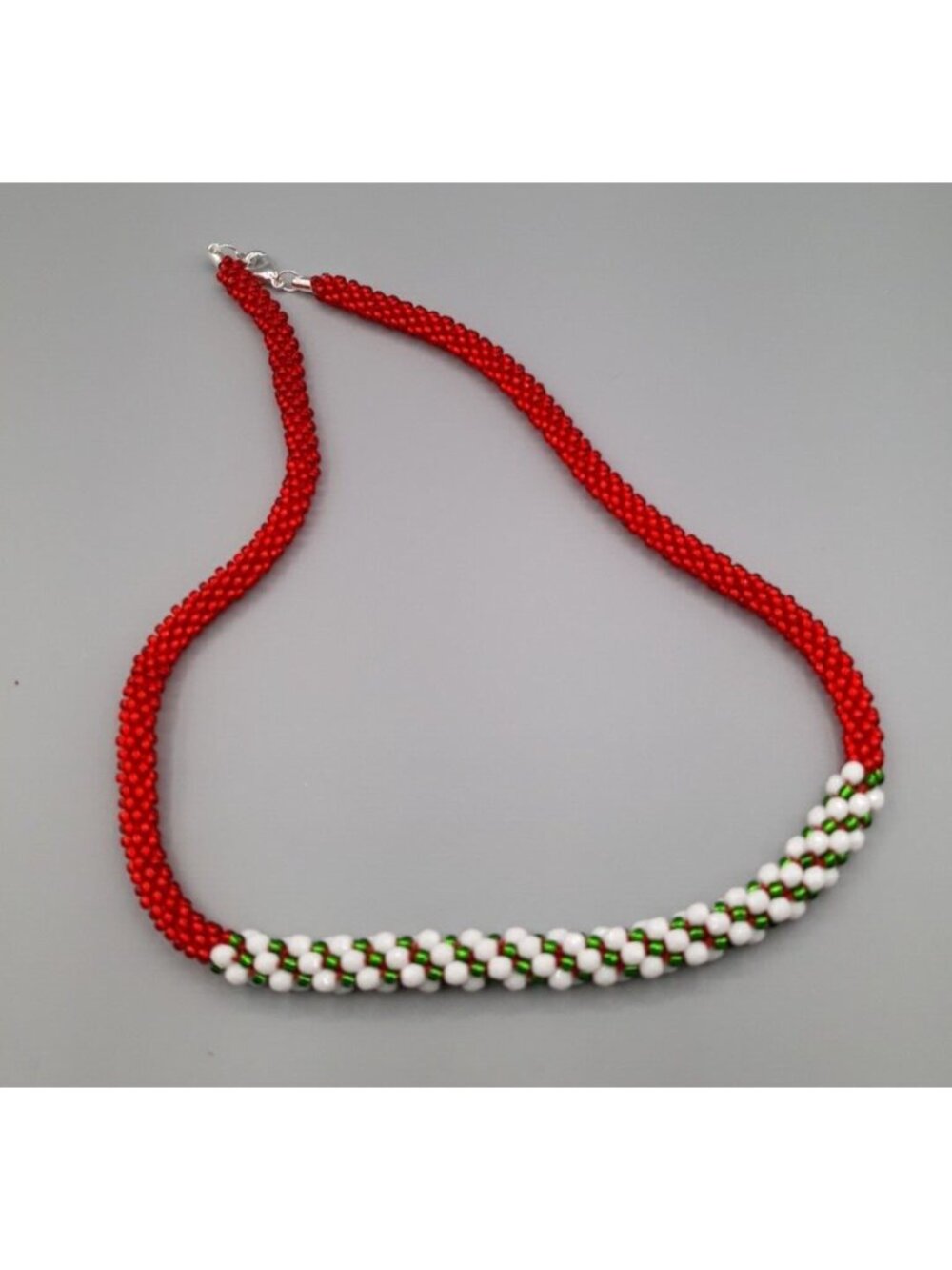 22" Red Green Medium Seed BeadKumihimo (Japanese Braid) and White Glass Necklace - Picture 2 of 3